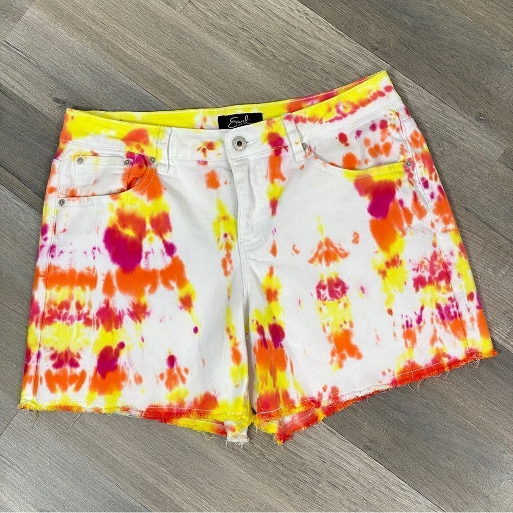 Earl Jean Tie Dye Raw Hem Jean Shorts White Orange 10